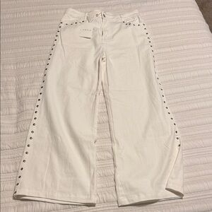 White Wide-Leg Pants with Studded Detail